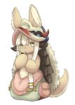  ambiguous_gender animal_ears blush closed_mouth eyebrows_visible_through_hair finger_to_mouth furry helmet highres kawasemi27 looking_down made_in_abyss nanachi_(made_in_abyss) tail upper_body white_hair yellow_eyes 