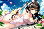  3: azur_lane black_hair blurry blurry_foreground bokken bow breasts brown_eyes casual_one-piece_swimsuit center_opening cleavage cowboy_shot criss-cross_halter cropped depth_of_field dutch_angle hair_bow hair_flaps halterneck highres large_breasts long_hair lying navel official_art on_side one-piece_swimsuit oryou partially_submerged petals ponytail ribbon scan solo swimsuit sword takao_(azur_lane) water weapon wet white_bow white_ribbon white_swimsuit wooden_sword 