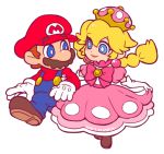  1girl blue_eyes bow braid bright_pupils brown_footwear brown_hair crown dress earrings facial_hair ghost-pepper gloves jewelry locked_arms long_hair looking_at_another mario mario_(series) mustache new_super_mario_bros._u_deluxe peachette pink_bow pink_dress puffy_short_sleeves puffy_sleeves short_sleeves simple_background smile super_crown toadette twin_braids white_background 