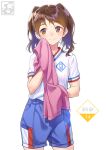  artist_name bangs blue_shorts blush brown_eyes brown_hair closed_mouth commentary_request cowboy_shot eyebrows_visible_through_hair gym_shorts gym_uniform highres long_hair nose_blush original pairan parted_bangs shiny shiny_hair shirt short_sleeves shorts simple_background smile solo sweat towel twintails white_background white_shirt wiping_face 