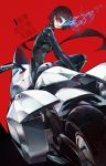  biker_clothes bodysuit brown_hair english gloves ground_vehicle highres joanna_(persona_5) labombardier! looking_at_viewer mask motor_vehicle motorcycle niijima_makoto persona persona_5 red_background red_eyes scarf short_hair shoulder_spikes sitting spikes 