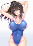  arms_behind_head black_hair blue_eyes blue_swimsuit breasts cleavage commentary_request competition_swimsuit cowboy_shot gradient gradient_background hairband highleg highleg_swimsuit highres idolmaster idolmaster_cinderella_girls impossible_clothes impossible_swimsuit large_breasts long_hair looking_at_viewer mouth_hold one-piece_swimsuit ponytail rubber_band sagisawa_fumika sankakusui solo standing swimsuit taut_clothes taut_swimsuit white_background 