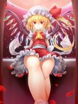  ascot blonde_hair blush clothed clothing crystals fangs female flandre_scarlet hair hat humanoid low-angle_view m9kndi mob_cap moon not_furry ponytail red_eyes ribbons shirt side_ponytail skirt smile solo touhou unusual_wings vampire wings 
