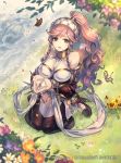  braid breasts bug butterfly cleavage commentary_request company_name copyright_name fire_emblem fire_emblem:_kakusei fire_emblem_cipher grass hairband insect kishida_kotetsu large_breasts long_hair official_art olivia_(fire_emblem) outdoors parted_lips petals pink_eyes pink_hair ponytail shawl side_braids sitting smile solo thighhighs twin_braids water wavy_hair white_legwear 