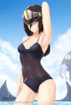  armpits black_hair breasts collarbone cslucaris gloves hat long_hair meleph_(xenoblade) military military_hat navel one-piece_swimsuit simple_background swimsuit water wet xenoblade_(series) xenoblade_2 yellow_eyes 