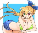  bikini blonde_hair blue_background blush breasts collarbone green_bikini green_eyes hair_ornament hair_ribbon heterochromia large_breasts long_hair looking_at_viewer lyrical_nanoha mahou_shoujo_lyrical_nanoha_vivid nac000 older red_eyes ribbon short_shorts shorts simple_background smile solo swimsuit swimwear vivio 