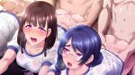  3girls blue_hair blush bottomless braid breasts breath brown_hair butcha-u cum cum_on_ass dark_skin game_cg glasses group_sex gym_uniform highres ijuuin_maya jinguuji_kirika large_breasts long_hair meikoku_gakuen_taidou_hen multiple_girls no_panties open_mouth orgy original pink_eyes sex short_hair single_braid tadokoro_aoi twin_braids vaginal 