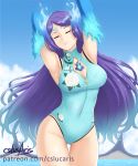  breasts closed_eyes collarbone cslucaris fire flower gloves kagutsuchi_(xenoblade) long_hair medium_breasts navel one-piece_swimsuit purple_hair simple_background smile swimsuit water wet xenoblade_(series) xenoblade_2 