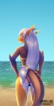  2018 alishka anthro beach bikini butt clothed clothing day detailed_background digital_media_(artwork) female fin fish fish_tail grey_skin hair hands_on_hips long_hair looking_away marine multicolored_skin outside seaside shark shoreline silver_hair sky smile solo standing swimsuit tied_hair toothy_grin water white_skin yellow_skin 