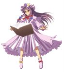  :o absurdres book bow bow_footwear crescent crescent_hair_ornament dress full_body hair_bow hair_ornament hat highres long_sleeves mob_cap official_art open_book patchouli_knowledge pink_footwear purple_eyes purple_hair sidelocks simple_background solo striped striped_dress touhou white_background 