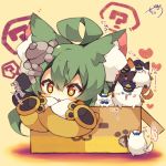  &gt;_&lt; :3 ? ahoge akashi_(azur_lane) animal_ear_fluff animal_ears azur_lane bangs blue_eyes blush box cardboard_box cat cat_ears chibi closed_mouth dress eyebrows_visible_through_hair green_hair hair_between_eyes heart highres in_box in_container long_hair long_sleeves muuran orange_hair parted_lips signature sleeves_past_fingers sleeves_past_wrists solo spoken_question_mark star star-shaped_pupils symbol-shaped_pupils translation_request white_dress wide_sleeves 