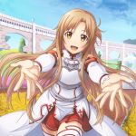  :d asuna_(sao) blue_sky breastplate brown_eyes brown_hair day detached_sleeves floating_hair jpeg_artifacts long_hair miniskirt open_mouth outdoors outstretched_arm pleated_skirt red_skirt senritsu_reishiki skirt sky smile solo sword_art_online thighhighs very_long_hair waist_cape white_legwear zettai_ryouiki 