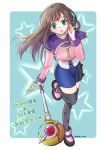  black_legwear blush breasts brown_hair commentary_request green_eyes hair_ornament hairclip haruka_(magic-wand) long_hair looking_at_viewer medium_breasts open_mouth pencil_skirt print_legwear skirt solo sophia_esteed star_ocean star_ocean_till_the_end_of_time thighhighs 