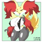  2018 anthro belly big_breasts bikini biped black_fur breasts camel_toe clothed clothing clubviacavo delphox ear_tuft eyebrows eyelashes female fluffy fluffy_tail fur mature_female multicolored_fur nintendo nipple_bulge open_mouth pok&eacute;mon pok&eacute;mon_(species) raised_eyebrow red_eyes red_fur simple_background skimpy sling_bikini solo swimsuit thick_thighs tongue tuft video_games voluptuous white_fur wide_hips yellow_fur yellow_tail 