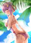  ass bikini blush breasts commentary_request crescent crescent_hair_ornament double_bun dutch_angle from_side hair_bun hair_ornament halterneck large_breasts long_hair looking_at_viewer palm_tree patchouli_knowledge purple_bikini ram_hachimin shadow solo swimsuit touhou tree 