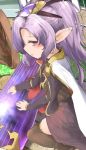  blush cape commentary_request dress from_side granblue_fantasy hair_ornament harvin instrument koto_(instrument) leglus looking_at_viewer nio_(granblue_fantasy) pointy_ears ponytail purple_eyes purple_hair thighhighs wheel 