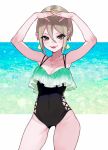  arms_up bangs black_eyes black_swimsuit blush breasts cleavage commentary_request contrapposto covered_navel earrings frilled_swimsuit frills hair_between_eyes idolmaster idolmaster_cinderella_girls interlocked_fingers jewelry light_brown_hair looking_at_viewer medium_breasts necklace one-piece_swimsuit shiomi_shuuko short_hair solo standing swimsuit tongue tongue_out yuu_(higashi_no_penguin) 