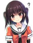  ? black_gloves black_hair black_neckwear brown_eyes commentary_request elbow_gloves gloves kantai_collection looking_at_viewer neckerchief orange_serafuku orange_shirt sailor_collar school_uniform sendai_(kantai_collection) serafuku shirt simple_background smile solo tooi_aoiro two_side_up white_background white_sailor_collar 