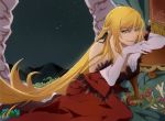  bare_shoulders black_ribbon blonde_hair breasts cleavage commentary_request dress feather-trimmed_gloves feather_trim gloves hair_ribbon hanako-0001 kiss-shot_acerola-orion_heart-under-blade kizumonogatari large_breasts long_hair looking_at_viewer monogatari_(series) night night_sky onimonogatari pointy_ears red_dress ribbon sky solo star_(sky) starry_sky table very_long_hair white_gloves yellow_eyes 