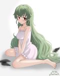  alternate_hairstyle anchovy bangs black_nails blurry blurry_background blush closed_mouth commentary dated eyebrows_visible_through_hair full_body girls_und_panzer green_hair hair_down half-closed_eyes light_frown lingerie long_hair looking_at_viewer nail_polish negligee red_eyes sitting solo tacch twitter_username underwear v_arms very_long_hair 