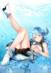  aqua_eyes blue_hair boots commentary_request hair_ornament highres long_hair original ribbon saraki smile solo underwater 