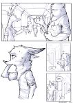  ... 2018 antelope anthro bear canine clothed clothing comic dialogue disney english_text fox greyscale group inside male mammal monochrome nick_wilde pig porcine signature speech_bubble sprinkah standing sweat sweatdrop text walking zootopia 