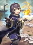  black_eyes black_gloves black_hair boat book cloud commentary_request company_name copyright_name crate fire fire_emblem fire_emblem:_kakusei fire_emblem_cipher flame from_side gloves hmk84 holding holding_book hood hood_down long_sleeves looking_to_the_side magic_circle mark_(female)_(fire_emblem) mark_(fire_emblem) official_art open_book open_mouth pointing robe short_hair sky solo watercraft wide_sleeves 