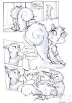  ... 2018 anthro canine clothed clothing comic dialogue disney duo english_text fox greyscale male mammal monochrome nick_wilde rodent signature speech_bubble sprinkah squirrel standing sweat sweatdrop tackle text zootopia 