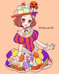 :d alternate_costume blush brown_eyes brown_hair candy candy_cane cherry choker commentary_request do_m_kaeru food food_themed_clothes fruit heart jack-o'-lantern lollipop okumura_haru open_mouth persona persona_5 persona_5:_dancing_star_night short_hair skirt smile solo twitter_username 