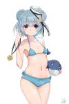  absurdres alternate_costume aqua_bikini aqua_eyes bikini blue_hair blush breasts closed_mouth commentary_request dixie_cup_hat double_bun eyebrows_visible_through_hair hair_between_eyes hat highres kantai_collection looking_at_viewer military_hat navy_cross neve samuel_b._roberts_(kantai_collection) short_hair simple_background small_breasts solo star swimsuit whale white_background 