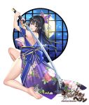  bangs bare_shoulders barefoot black_hair blue_eyes blush bow breasts butterfly_hair_ornament commentary_request eyebrows_visible_through_hair floral_print full_body gang_of_heaven hair_ornament highres holding holding_sword holding_weapon japanese_clothes katana kimono kneeling large_breasts logo long_hair looking_at_viewer moon obi official_art open_mouth sash shimashima08123 shiny shiny_hair shiny_skin sideboob smile solo star_(sky) sword toes weapon 