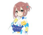  alternate_costume asagumo_(kantai_collection) bangs blush brown_hair closed_mouth eyebrows_visible_through_hair floral_print grey_eyes hair_between_eyes hair_ornament hair_up head_tilt japanese_clothes kantai_collection kimono looking_at_viewer nuno_(pppompon) obi print_kimono sash simple_background smile solo upper_body white_background white_kimono 