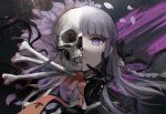  bangs black_gloves black_ribbon bone braid closed_mouth commentary_request danganronpa danganronpa_1 gloves hair_ribbon jacket kirigiri_kyouko long_hair looking_at_viewer looking_down necktie orange_neckwear petals purple_eyes purple_hair qosic ribbon side_braid single_braid skeleton skull 