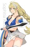  ahoge armor bangs blonde_hair blue_eyes braid breasts character_name cleavage collarbone commentary_request covered_nipples dress hair_between_eyes hair_ornament highres holding holding_shield holding_sword holding_weapon large_breasts long_hair panties parted_lips pauldrons shield shoulder_armor single_braid skirt solo sophitia_alexandra soulcalibur soulcalibur_vi sword tetsu_(kimuchi) underwear weapon white_dress white_panties 