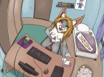  2018 anthro bed blue_eyes cam canine dakimakura_design desk digital_media_(artwork) dildo enster_(artist) feline female fisheye_lens fur herm herm/female heterochromia hi_res high-angle_view high_view inside intersex intersex/female invalid_tag keyboard male mammal masturbation mia_(character)herm open_mouth penis red_eyes sex_toy simple_background tagme webcam 