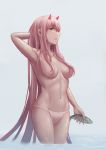  absurdres animal armpits arms_behind_head breasts breasts_apart darling_in_the_franxx fish green_eyes grey_background hair_censor hair_over_breasts highres holding holding_animal holding_fish horns long_hair looking_at_viewer medium_breasts navel panties partially_submerged pink_hair red_horns selcky simple_background solo topless underwear underwear_only very_long_hair water wet white_panties zero_two_(darling_in_the_franxx) 