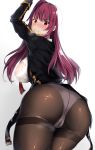  arm_up ass bangs black_legwear black_skirt blazer blush breasts cameltoe clenched_teeth closed_mouth commentary covered_nipples eyebrows_visible_through_hair from_behind girls_frontline gloves gusset hair_ribbon half_updo high-waist_skirt highres jacket large_breasts long_hair looking_at_viewer looking_back necktie nene_(umrhaishixiaomai) one_side_up panties panties_under_pantyhose pantyhose purple_hair red_eyes red_neckwear ribbon shirt sidelocks skirt skirt_lift solo steam sweat tearing_up teeth thighband_pantyhose underwear very_long_hair wa2000_(girls_frontline) wet wet_clothes wet_shirt white_panties 