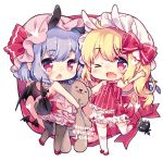  :o ;d ahoge animal_ears aogiri_sei arm_up bare_arms bare_shoulders bat_wings black_legwear blonde_hair bloomers blush bow bunny_ears bunny_tail chibi circle_name commentary_request extra_ears eyebrows_visible_through_hair fang flandre_scarlet full_body hat hat_ribbon heart holding kemonomimi_mode looking_at_viewer looking_back lowres mob_cap multiple_girls one_eye_closed open_mouth pantyhose pointy_ears purple_hair red_bow red_eyes red_ribbon remilia_scarlet ribbon short_hair siblings side_ponytail simple_background sisters smile standing standing_on_one_leg stuffed_animal stuffed_toy tail teddy_bear thighhighs touhou underwear waving white_background white_legwear wings 