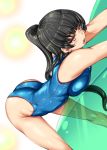  arched_back ass bare_shoulders black_hair blue_swimsuit blush breasts brown_eyes commentary_request competition_swimsuit large_breasts long_hair looking_at_viewer one-piece_swimsuit open_mouth original ponytail shiny shiny_clothes shiny_hair shiny_skin solo swimsuit usyuuri 