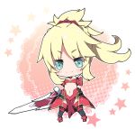  arm_guards bare_shoulders black_legwear blonde_hair blush boots breasts chibi closed_mouth commentary doily fate/apocrypha fate_(series) full_body green_eyes hair_ornament hair_scrunchie hand_up holding holding_sword holding_weapon long_hair looking_at_viewer milkpanda mordred_(fate) mordred_(fate)_(all) navel pelvic_curtain ponytail red_footwear red_scrunchie scrunchie sidelocks small_breasts smile solo standing star sword thighhighs weapon white_background 