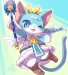  1girl angel angel_day angel_stick blue_eyes blue_hair boots cat cat_busters character_request cotora_mizuki furry one_eye_closed short_hair solo 