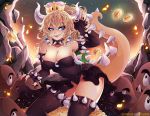  1girl armlet bare_shoulders black_collar black_dress black_gloves blonde_hair blue_eyes blush bowsette bracelet breasts chest_jewel cleavage coins collar collarbone crown dress earrings elbow_gloves eyebrows_visible_through_hair fingerless_gloves gloves hair_between_eyes hand_up horns jewelry large_breasts long_hair looking_at_viewer mario_(series) monster_girl neck new_super_mario_bros._u_deluxe nintendo pointy_ears solo spiked_armlet spiked_bracelet spiked_collar spiked_shell spikes strapless strapless_dress super_crown thighhighs turtle_shell white_horns 