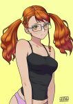  anjou_naruko ano_hi_mita_hana_no_namae_wo_bokutachi_wa_mada_shiranai. artist_name bangs bare_shoulders breasts camisole carlo_montie earrings glasses hair_ornament hairclip head_tilt highres jewelry long_hair looking_at_viewer medium_breasts orange_hair panties pink_panties skindentation solo stud_earrings twintails underwear yellow_background 