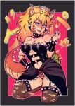  artist_name black_collar black_dress black_leotard black_nails blonde_hair blue_eyes bowsette bracelet breasts cleavage collar crown dress earrings fingernails fire fishnets flame horns iahfy jewelry large_breasts leg_up leotard long_hair mario_(series) nail_polish new_super_mario_bros._u_deluxe open_mouth pointy_ears ponytail red_background sharp_fingernails sharp_teeth smile spiked_armlet spiked_bracelet spiked_collar spiked_shell spiked_tail spikes strapless super_crown tail teeth transformation turtle_shell 