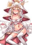  ayanami_(azur_lane) azur_lane bare_shoulders blonde_hair blush breasts choker cleavage clothing_request commentary_request denchu_(kazudentyu) detached_sleeves flower_knot gold_trim highres long_sleeves looking_away medium_breasts midriff navel off_shoulder petite red_choker red_eyes sitting solo stomach tassel thighhighs wide_sleeves 