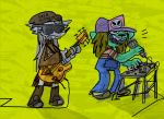  abstract_background anthro band bass_guitar beanie c canine cate_wurtz clothing dog eyewear fox guitar hat keyboard mammal microphone musical_instrument overalls singing sour_gummy striped_shirt sunglasses sweater teeth 