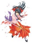  absurdres black_hair bow brown_eyes cherry_blossoms fujishima_kousuke hair_bow hakama highres japanese_clothes katana kimono long_hair object_namesake official_art petals ponytail red_bow red_hakama sakura_taisen sheath shinguuji_sakura solo sword tassel traditional_media weapon 