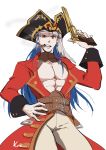  abs cigar commentary_request cosplay costume_switch cu_chulainn_(fate/grand_order) earrings fate/extra fate/grand_order fate_(series) francis_drake_(fate) francis_drake_(fate)_(cosplay) gun handgun hat highres jewelry kaetsai lancer long_hair looking_at_viewer muscle pirate_hat pistol signature weapon 