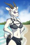  anthro beach bikini blue_eyes caprine clothed clothing eyewear female fur goat hands_on_hips hoof_hands horn looking_at_viewer mammal outside rotarr seaside semi-anthro solo standing sunglasses swimsuit white_fur 