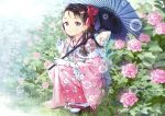  ancotaku bangs bow brown_hair bubble_blowing day earrings flower frills full_body gloves hair_bow hair_ornament highres holding japanese_clothes jewelry kimono long_hair looking_at_viewer obi oriental_umbrella original outdoors parted_lips purple_eyes sandals sash scan squatting tabi umbrella white_gloves white_legwear wide_sleeves 